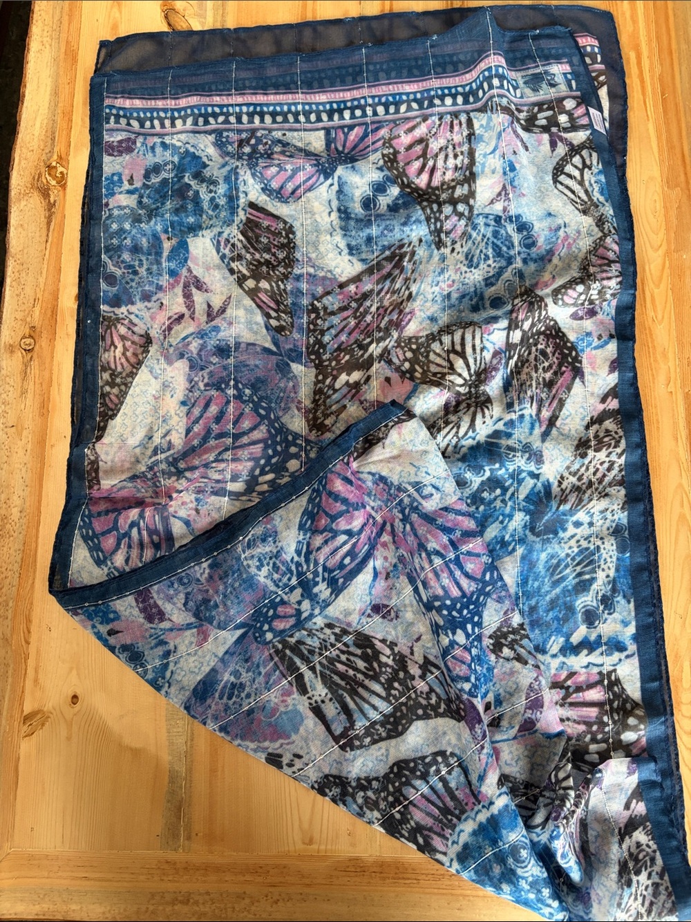 Northern Reflections Blue/Pink Butterfly Print Scarf With Silver Metallic